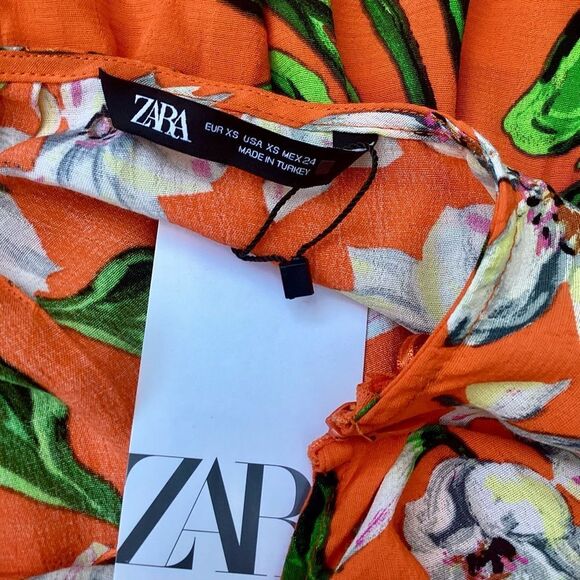 NWT Zara Orange Floral Tropical Maxi Dress Tiered Ruffle Cut Outs XS - Picture 10 of 11